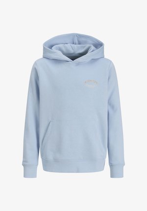 Helles blaues Kapuzenshirt aus weichem Stoff, mit einer Kängurutasche, gerippten Bündchen und einem goldgestickten Logo auf der Brust.