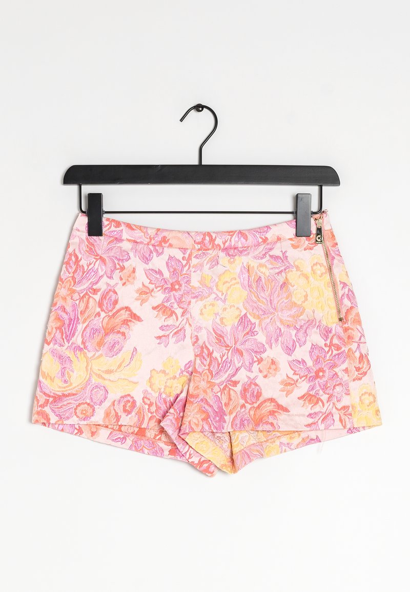Floral-patterned shorts in pink, orange, and yellow hues. Made of soft fabric, featuring a side zipper and a relaxed fit.
