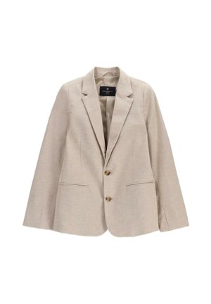 Beżowa, dopasowana marynarka z klapami z wycięciem, dwoma guzikami i przednimi kieszeniami z rozcięciem, podszewka wewnętrzna, pokazana na płasko.