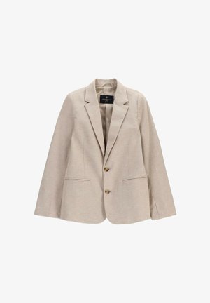 Beżowa, dopasowana marynarka z klapami z wycięciem, dwoma guzikami i przednimi kieszeniami z rozcięciem, podszewka wewnętrzna, pokazana na płasko.