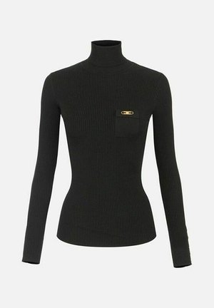 Maglione nero a collo alto con motivo a coste, maniche lunghe, taschino frontale piccolo e dettaglio in oro sulla tasca.