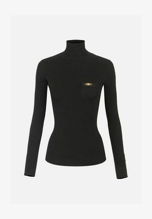 Maglione nero a collo alto con motivo a coste, maniche lunghe, taschino frontale piccolo e dettaglio in oro sulla tasca.