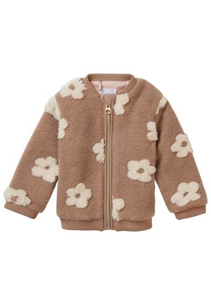 Veste zippée enfant marron clair avec une texture douce et des motifs floraux blancs et duveteux partout.