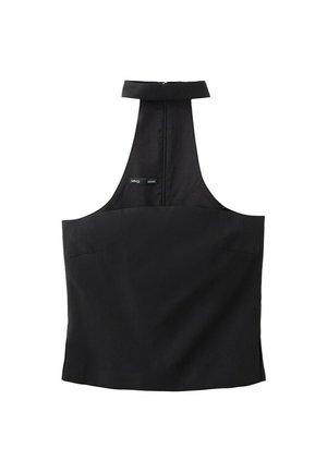 Top negro sin mangas con cuello halter alto y cremallera visible en la espalda, con una pequeña etiqueta de la marca MNG en el frente.
