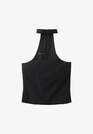 Top nero senza maniche con collo alto alla coreana e cerniera posteriore a vista, con una piccola etichetta del marchio MNG sul davanti.