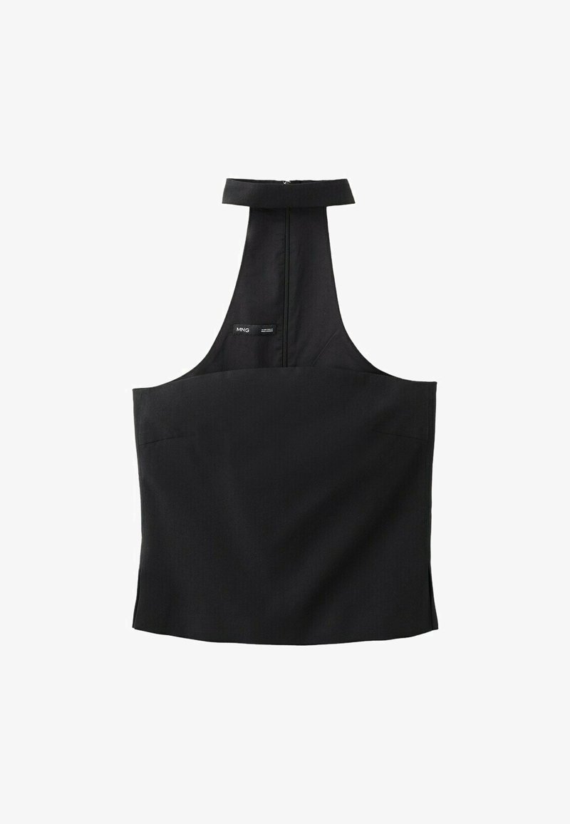 Top negru fără mâneci, cu guler înalt tip halter și fermoar vizibil în spate, având o mică etichetă cu brandul MNG pe față.