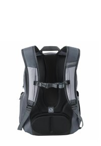 Sac à dos gris avec des bretelles et un panneau dorsal en maille rembourrés. Comprend une sangle de poitrine ajustable et divers compartiments zippés.