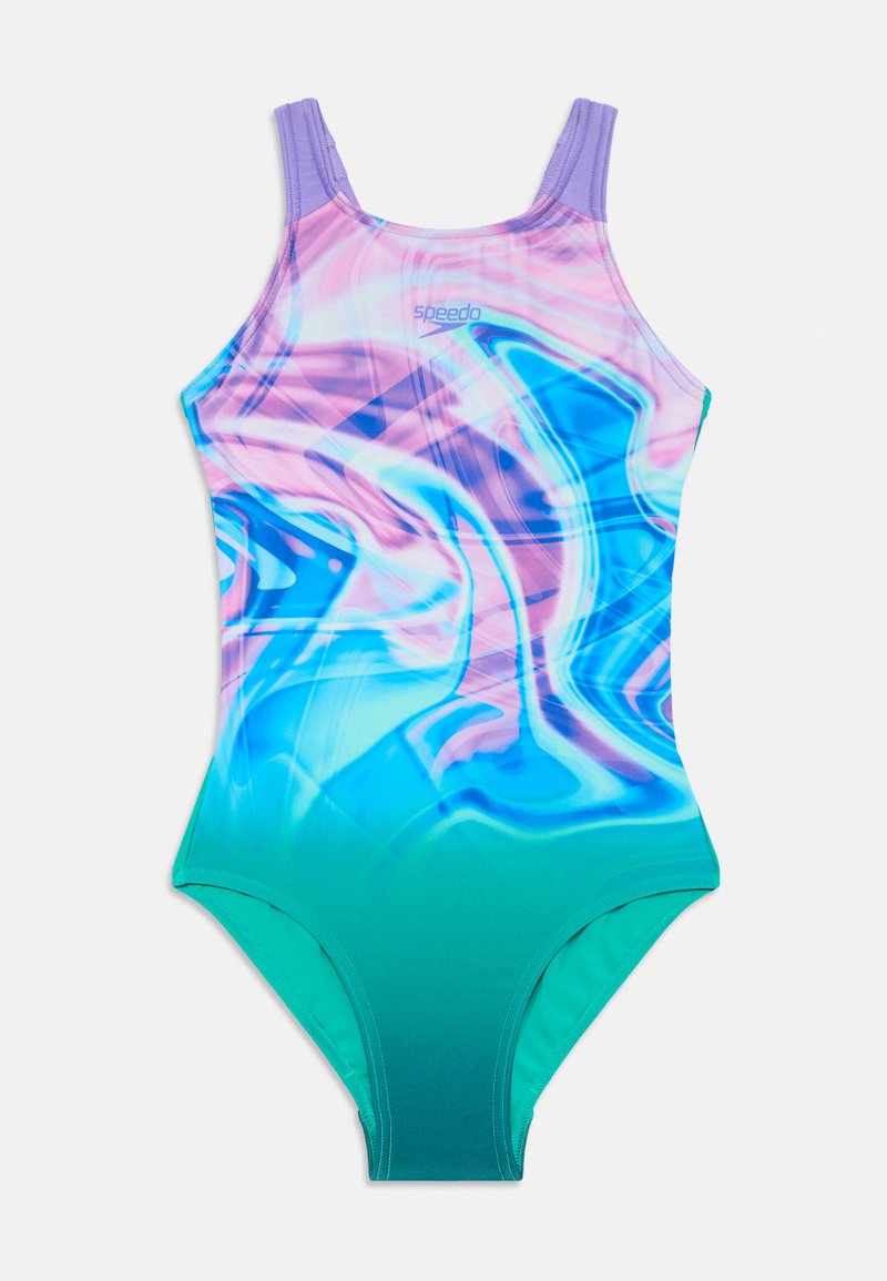 Ühes tükis ujumistrikoo, millel on roosa, sinine ja roheline värvide kombinatsioon ja marmorilaadne mustriga, õhukeste õlavöödega. Valmistatud siledast, venivast kangast.