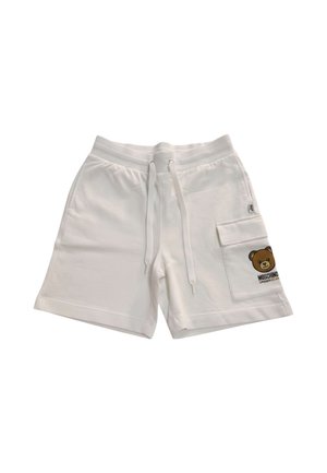Pantaloncini bianchi con coulisse e tasche laterali, con grafica di un orsetto marrone e logo Moschino sulla tasca destra.