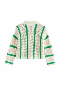 Knitted pullover with a cream base and green, pink, and purple stripes. Features a cropped length and a ribbed collar and cuffs.