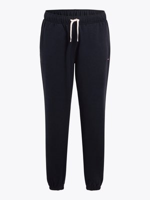 Pantalons de jogging bleu marine en mélange de coton, dotés d'une taille élastique avec cordon de serrage réglable, de poignets côtelés et d'un petit logo sur le côté.