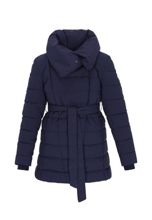 Marineblaue Steppjacke mit hohem Kragen, tailliertem Einsatz und gestepptem Material. Mit langen Ärmeln und Knopfverschluss am Kragen.