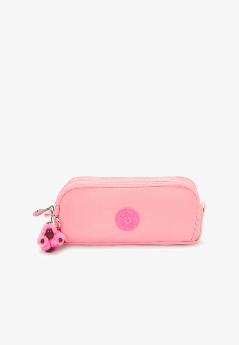 Pink pencil case made of fabric, featuring a round logo on the front and a fuzzy monkey keychain attached with a zipper closure.