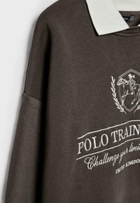 Pullover marrone con colletto bianco. Presenta un testo ricamato, un emblema di cavallo e un tessuto testurizzato. Design casual, maniche lunghe.
