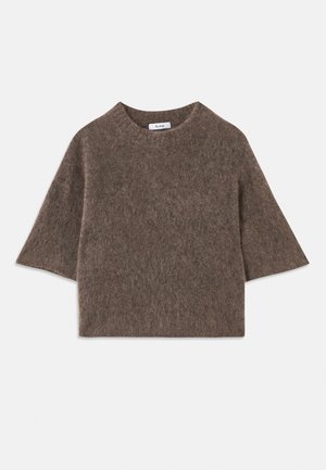 Brown fuzzy short-sleeve sweater with a round neckline and a loose, boxy fit laid flat on a white background.