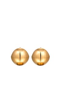 Goldfarbene, kugelförmige Ohrringe mit einer glatten, reflektierenden Oberfläche. Jeder Ohrring hat ein nahtloses Design und ist symmetrisch geformt.