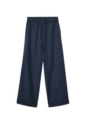 Pantalones de pierna ancha de color azul oscuro con rayas verticales, cinturilla elástica y detalle de cordón. Fabricados en tejido ligero.