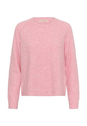 Jemný ružový dlhý rukáv s okrúhlym výstrihom, mierne chlpatá textúra a rebrované manžety a lem, označený značkou Love Copenhagen.