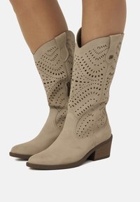 Botas de vaquero de ante beige con diseño perforado, punta afilada y tacón apilado de 2 pulgadas. Presentan una textura similar al denim y una abertura angular.