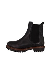 Schwarze Leder-Ankle-Boots mit elastischen Seitenpaneelen, strukturiertem Stoff, runder Zehenform und einer profilierten Sohle. Verfügt über kontrastierende braune Gummibeschläge.