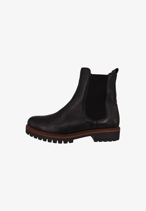 Bottines en cuir noir avec panneaux élastiques sur les côtés, tissu texturé, bout arrondi et semelle crantée. Présente une garniture en caoutchouc marron contrastante.