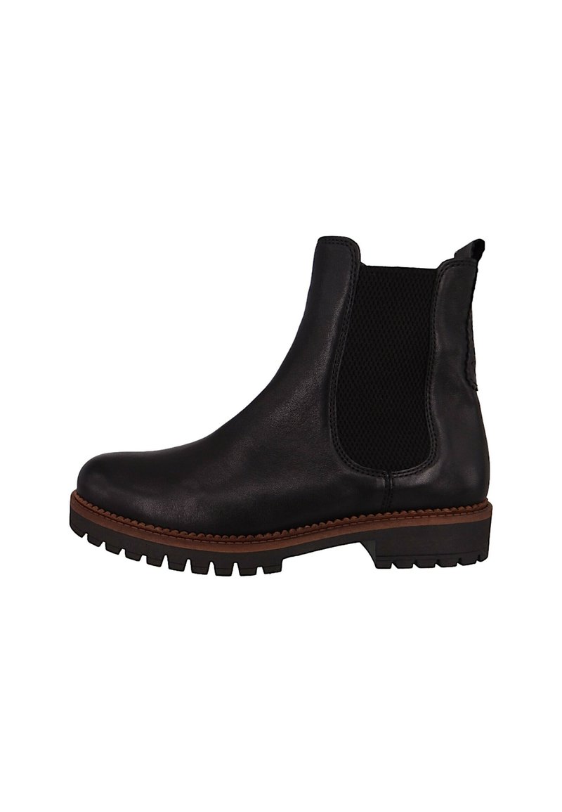 Schwarze Leder-Ankle-Boots mit elastischen Seitenpaneelen, strukturiertem Stoff, runder Zehenform und einer profilierten Sohle. Verfügt über kontrastierende braune Gummibeschläge.