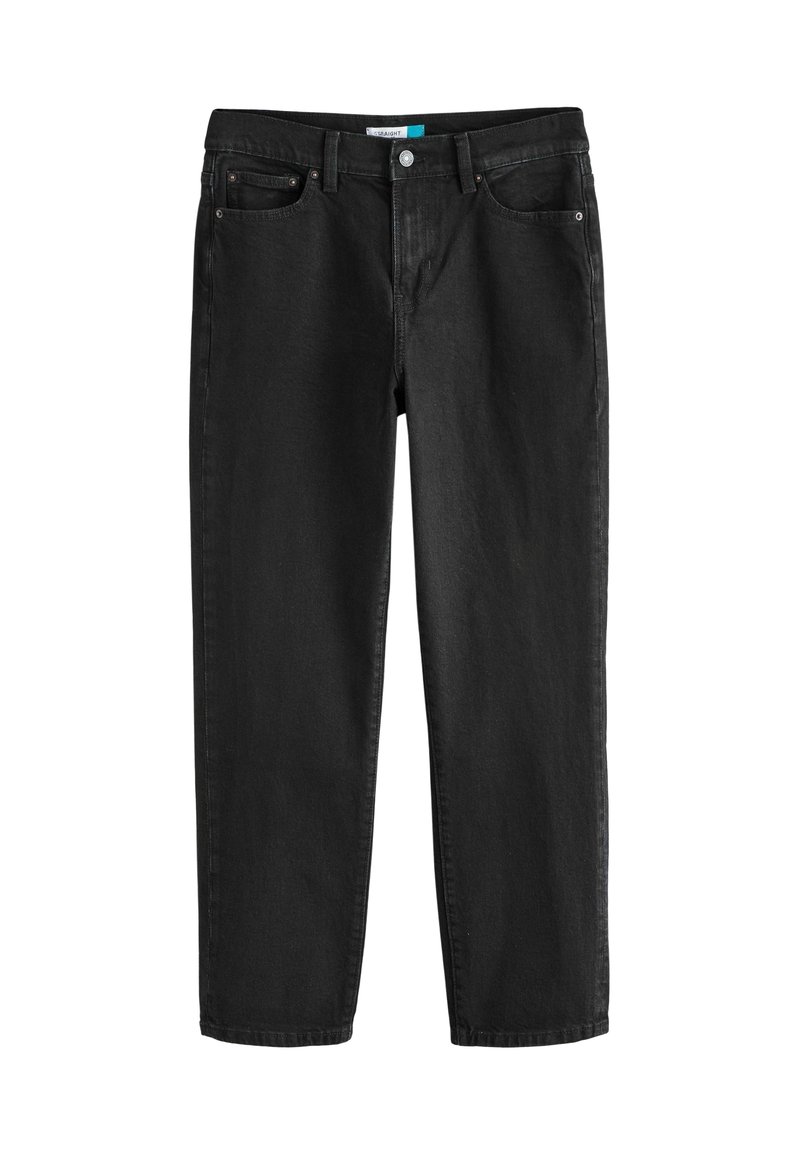 Jean noir à jambes droites avec fermeture par bouton et fermeture éclair à l'avant, passants pour ceinture et design à cinq poches sur fond blanc.