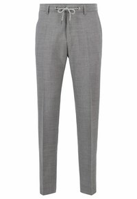 Grå skräddarsydda byxor med en texturerad yta, en elastisk dragsko i midjan och avsmalnande ben. Har metalleggar för dragskon.