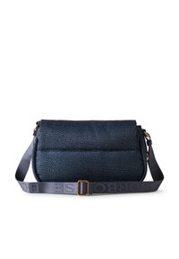 Blue textured crossbody bag with a flap closure, gold hardware accents, and a wide adjustable strap featuring embossed branding.