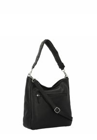 Borsa a spalla in pelle nera con superficie texturizzata, tracolla intrecciata, tasca con zip e tracolla regolabile.