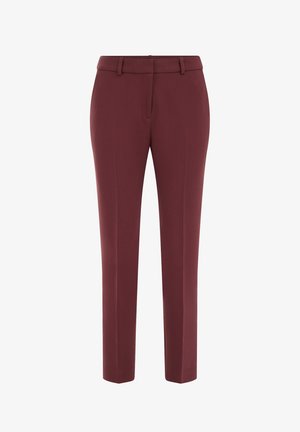 Burgundy tailored trousers with a smooth texture, straight leg design, belt loops, and a front pocket. No patterns or hardware visible.