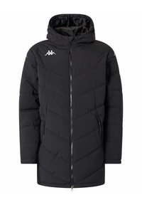 Giacca imbottita nera con cappuccio, caratterizzata da cuciture a zigzag, una zip frontale e tasche laterali. Accento con logo sulla parte superiore sinistra.