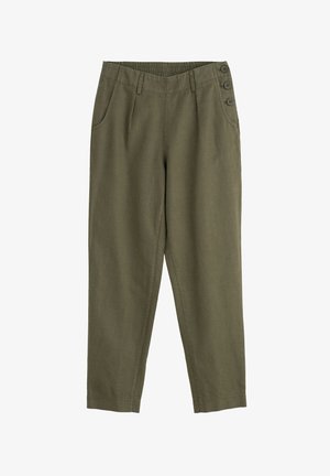 Olivgrüne Hose aus weichem Stoff mit einem elastischen Bund, ausgestattet mit zwei seitlichen Taschen und drei Knöpfen am Bund.