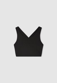 Soutien-gorge sport nero con design a V, spalline ampie e un tessuto liscio e elastico. Stile minimalista senza chiusure o decorazioni visibili.