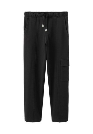 Pantalon de jogging noir en tissu doux, avec une ceinture élastique, des poches latérales et une poche cargo sur la jambe droite.