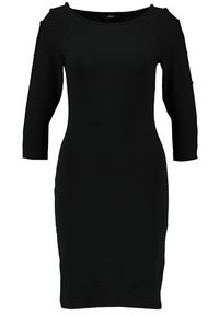 Musta vartalonmyötäinen mekko, jossa kolme neljäsosakokoiset hihat, pyöreä pääntie ja leikkausyksityiskohdat olkapäillä. Valmistettu pehmeästä, joustavasta kankaasta.