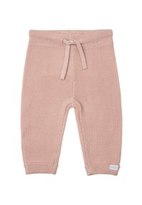 Stickade babybyxor i mjuk rosa, med resårmidja och dragsko samt ribbade ärmslut, textil med en subtilt mönster.