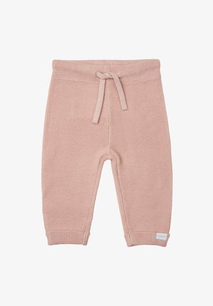 Gehaakte babybroekjes in zachtroze, met een elastische tailleband en een trekkoord, ribgebreide boorden en een gemêleerde stof met een subtiel patroon.