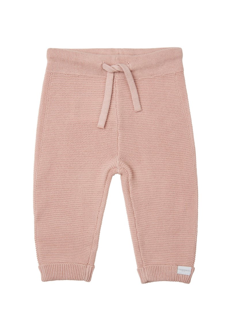 Stickade babybyxor i mjuk rosa, med resårmidja och dragsko samt ribbade ärmslut, textil med en subtilt mönster.