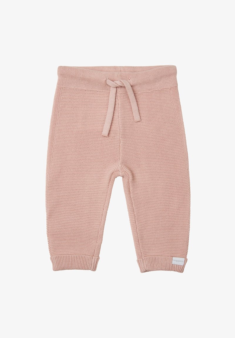 Dziecięce spodnie wykonane na drutach w miękkim różowym kolorze, z elastycznym paskiem w talii ze sznurkiem i ściągaczami, teksturowany materiał z delikatnym wzorem.