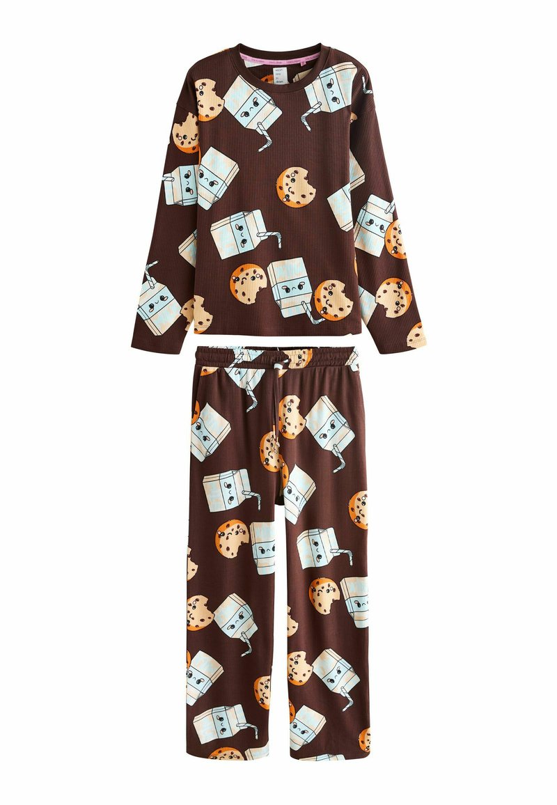Brown pajama set featuring a ribbed texture, long sleeves, and a playful cookie and milk pattern in pastel blue and orange.