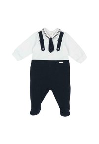 Bodysuit pour bébé avec manches longues blanches, cravate noire attachée, bretelles noires et pantalon noir avec pieds.