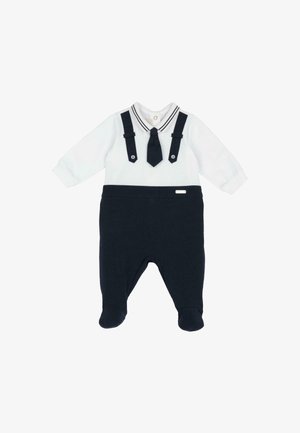 Bodysuit pour bébé avec manches longues blanches, cravate noire attachée, bretelles noires et pantalon noir avec pieds.