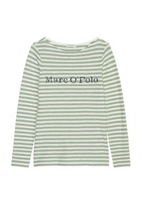 Pitkähihaisessa paidassa on vaaleanvihreät ja valkoiset raidat. Siinä on pyöreä pääntie ja tummansinisellä "Marc O'Polo" -logo rinnassa.