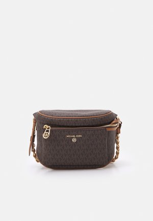 Ciemnobrązowa saszetka Michael Kors z przednią kieszenią na zamek, złotym logo i zamkiem oraz złotym łańcuszkiem z detalami ze skóry.