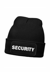 Black knit beanie with a folded cuff, featuring a rectangular patch that reads "SECURITY" in bold white letters. Textured fabric.