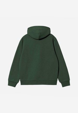 Sudadera con capucha de color verde oscuro, material de algodón, corte relajado, puños y dobladillo acanalados, textura suave, sin logotipos ni patrones visibles.