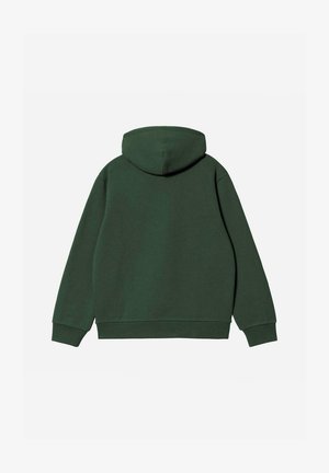 Sudadera con capucha de color verde oscuro, material de algodón, corte relajado, puños y dobladillo acanalados, textura suave, sin logotipos ni patrones visibles.