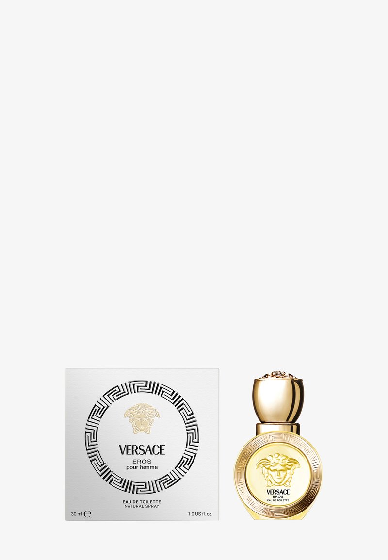 Versace Eros pour Femme, 30 ml, presenta una bottiglia dorata con un motivo a leone, tappo in rilievo e una confezione bianca con un motivo geometrico nero.