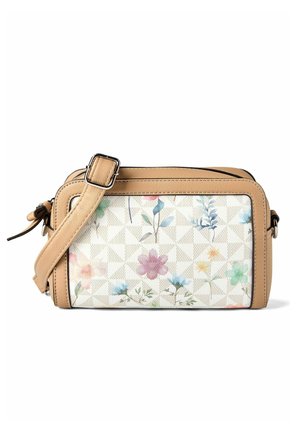 Bolso bandolera pequeño rectangular con ribete y correa de cuero beige, que presenta un panel de tela blanca con estampado de flores en tonos pastel.